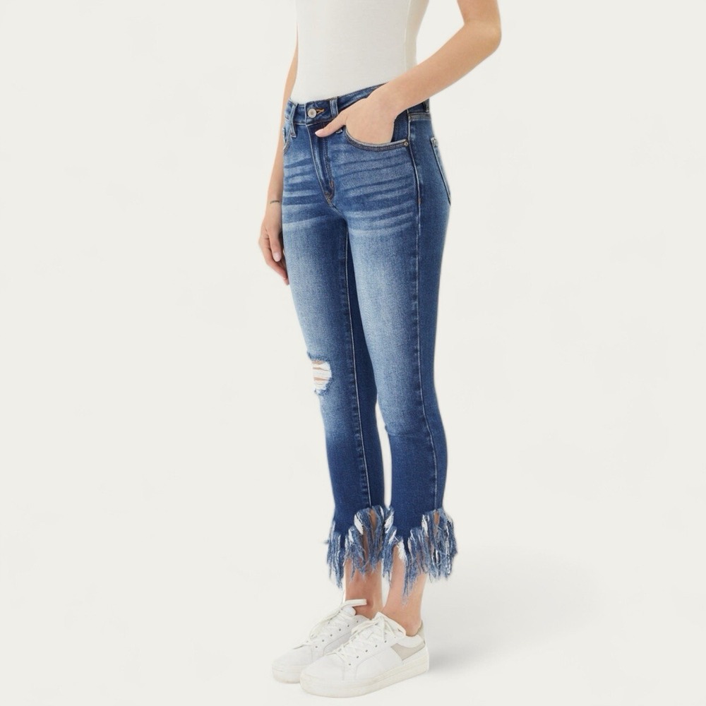 KanCan Audrina Mid Rise Distressed Fringe Ankle Skinny Jeans Women's Size 25